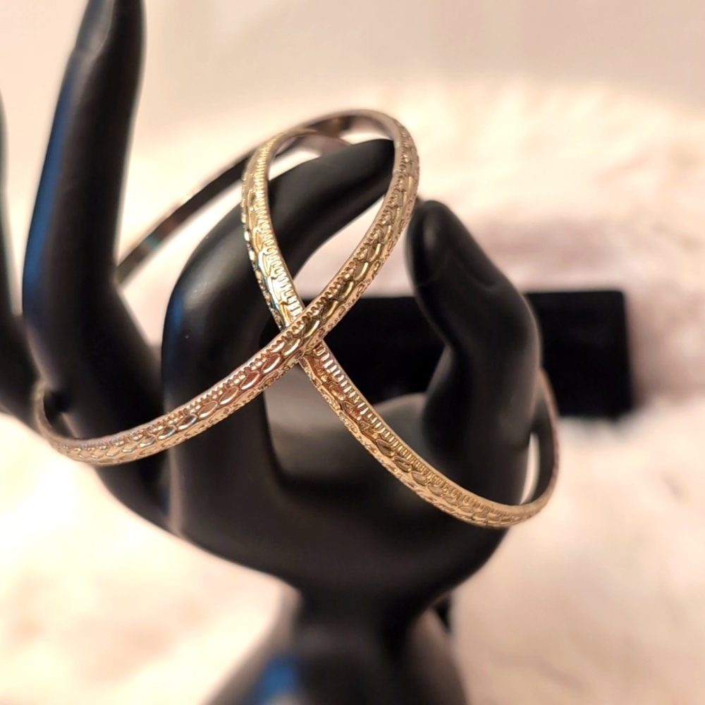 2 Silver Toned Bangles Jingles With Textured Pattern
